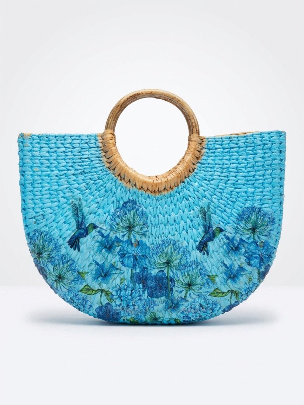 VTG 70s-90s Artsy Birds Floral HandPainted Woven Straw Handbag Tote Beach Aloha